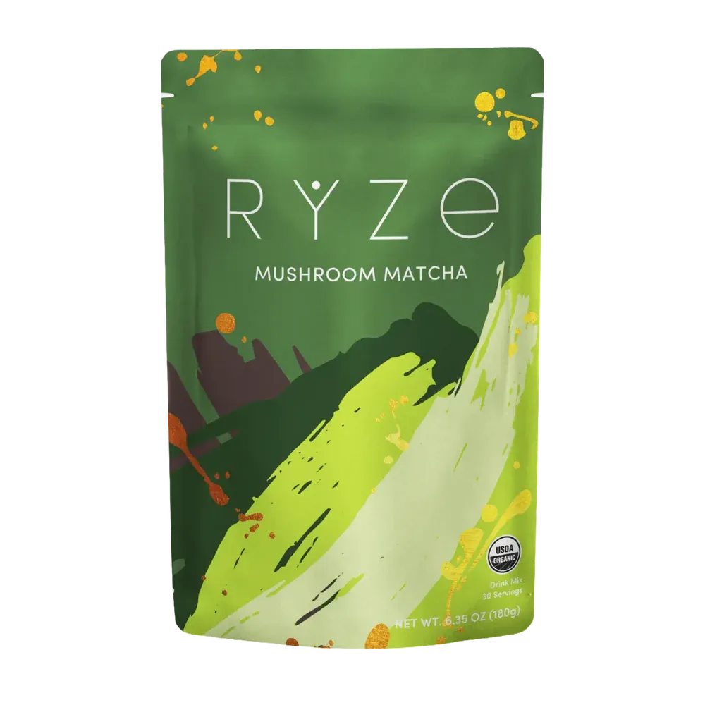 RYZE SUPERFOODS Mushroom Matcha Starter Kit, USDA Organic with 6 Adaptogenic Mushrooms and Ceremonial-Grade Matcha, Energy, Focus, Digestion, Immunity with Turkey Tail, Shiitake, Reishi, 30 Servings