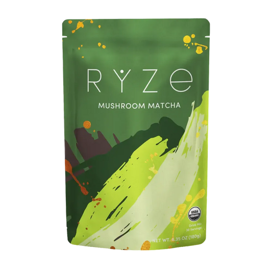 RYZE SUPERFOODS Mushroom Matcha Starter Kit, USDA Organic with 6 Adaptogenic Mushrooms and Ceremonial-Grade Matcha, Energy, Focus, Digestion, Immunity with Turkey Tail, Shiitake, Reishi, 30 Servings