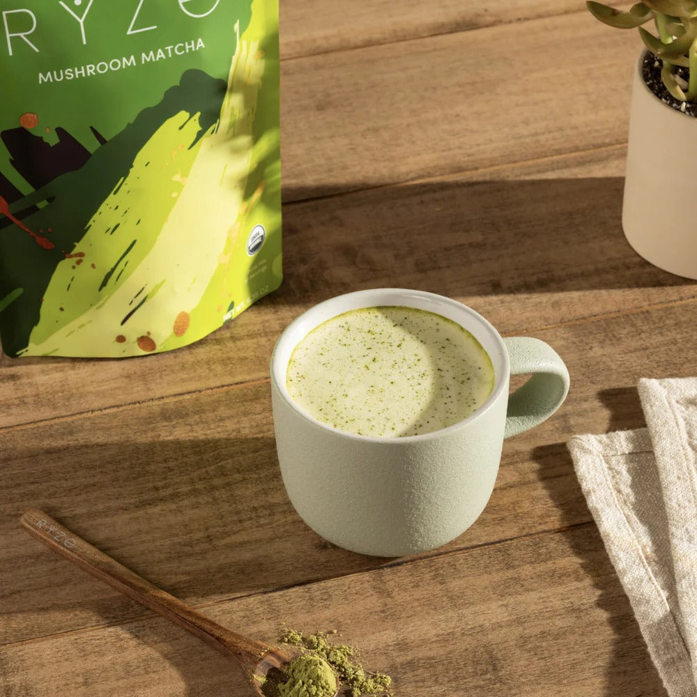 RYZE SUPERFOODS Mushroom Matcha Starter Kit, USDA Organic with 6 Adaptogenic Mushrooms and Ceremonial-Grade Matcha, Energy, Focus, Digestion, Immunity with Turkey Tail, Shiitake, Reishi, 30 Servings
