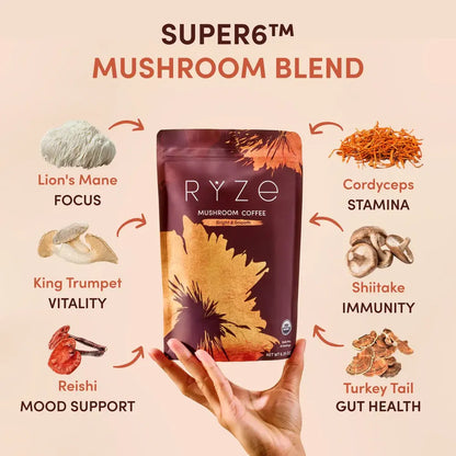 RYZE SUPERFOODS Mushroom Medium Roast Coffee USDA Organic with 6 Adaptogenic Mushrooms, USA Grown Instant Coffee for Better Energy, Focus Digestion Immunity with Lions Mane & Turkey Tail 30. Pack of 1