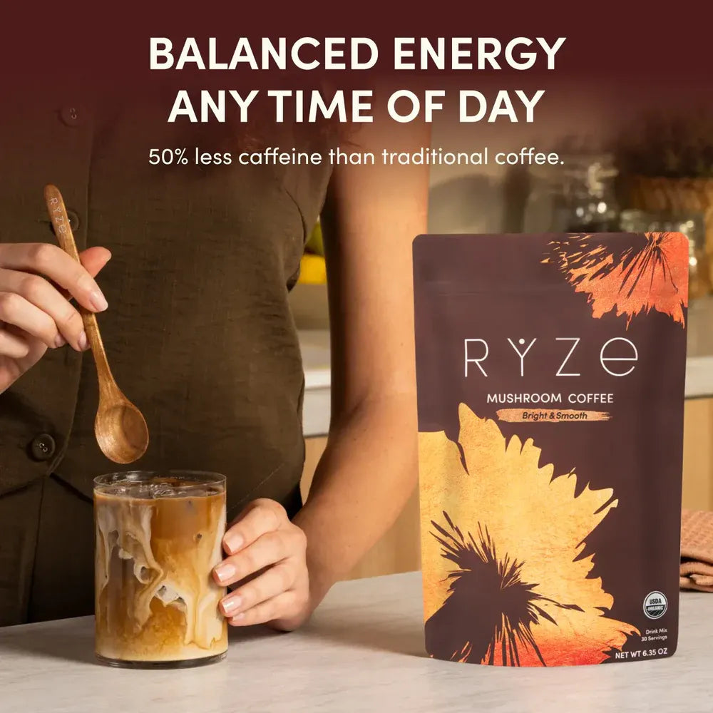 RYZE SUPERFOODS Mushroom Medium Roast Coffee USDA Organic with 6 Adaptogenic Mushrooms, USA Grown Instant Coffee for Better Energy, Focus Digestion Immunity with Lions Mane & Turkey Tail 30. Pack of 1