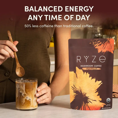 RYZE SUPERFOODS Mushroom Medium Roast Coffee USDA Organic with 6 Adaptogenic Mushrooms, USA Grown Instant Coffee for Better Energy, Focus Digestion Immunity with Lions Mane & Turkey Tail 30. Pack of 1
