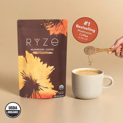 RYZE SUPERFOODS Mushroom Medium Roast Coffee USDA Organic with 6 Adaptogenic Mushrooms, USA Grown Instant Coffee for Better Energy, Focus Digestion Immunity with Lions Mane & Turkey Tail 30. Pack of 1